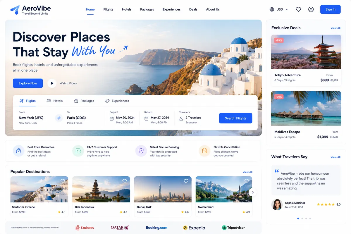 AeroVibe travel website built by WhiteCoders